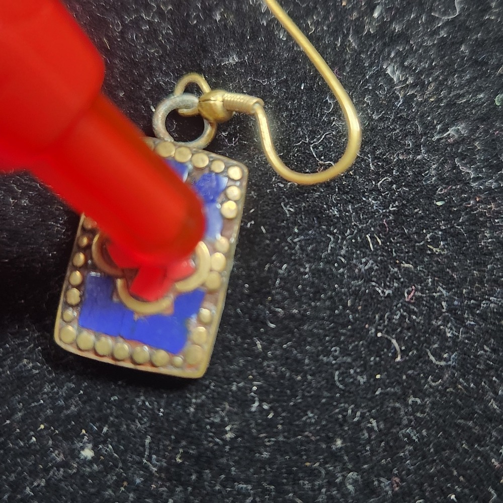 Vintage‎ Brass Mosaic Inlay Drop Earrings Blue Red Stone Rectangular Boho Dangle - Picture 9 of 10